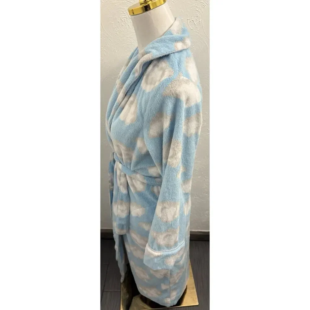 Nick & Nora Cloud Print Plush Robe Size XS Blue/White/Gray Lined